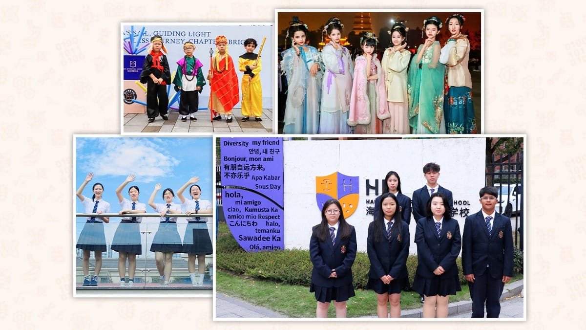 Hailiang International School students in uniforms and cultural performances showcasing diversity