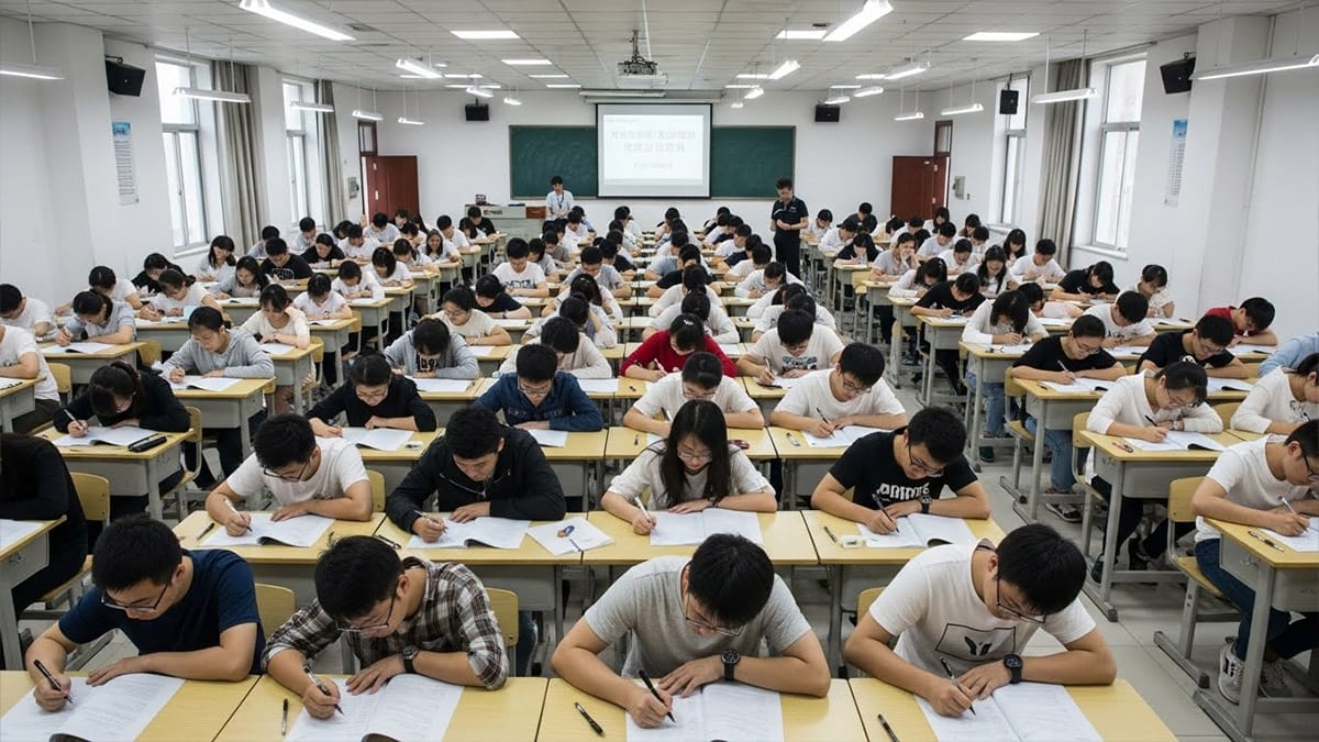 China Academic Proficiency Test preparation with students taking practice exam in classroom