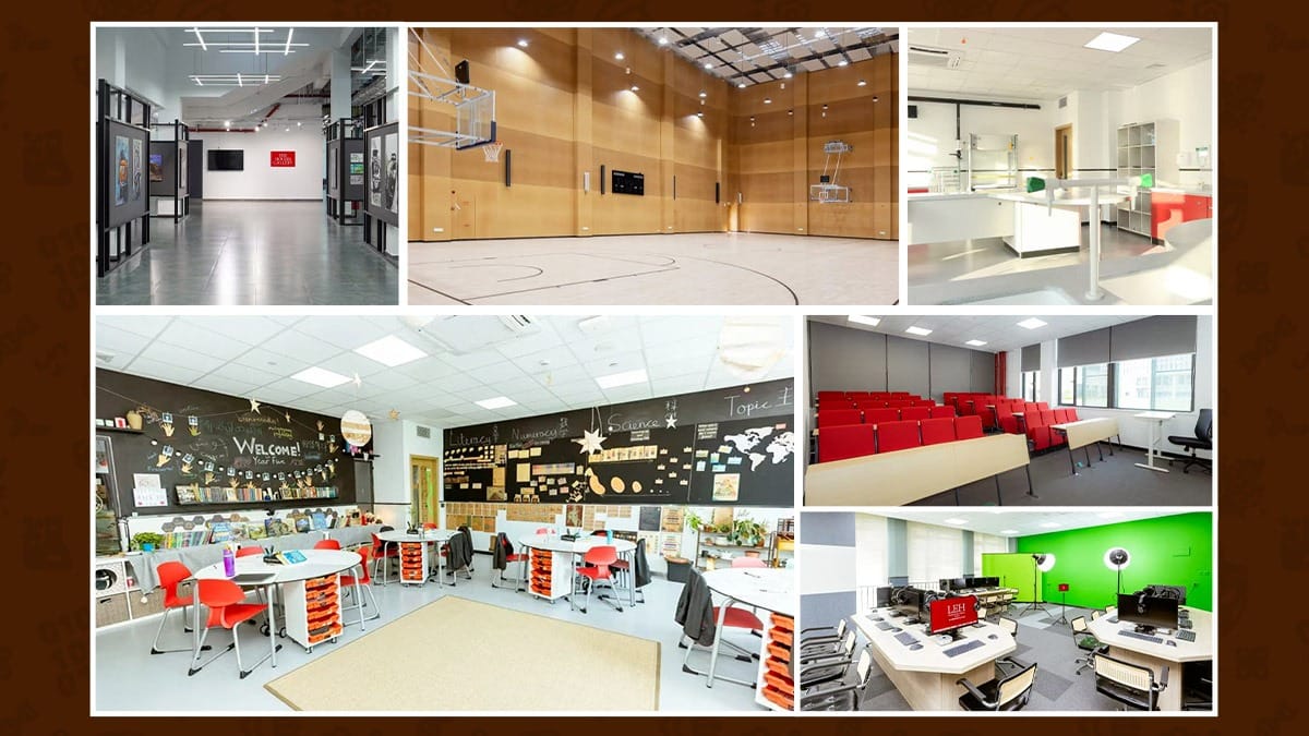 LEH Foshan facilities collage showing classrooms, basketball court, and learning spaces