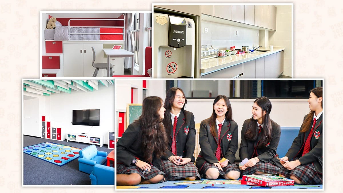 LEH Foshan boarding facilities including dormitory, kitchen, common room, and students