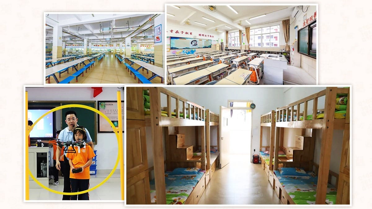 Quanzhou Julong Foreign Language School interior showing cafeteria, classrooms, and dorms
