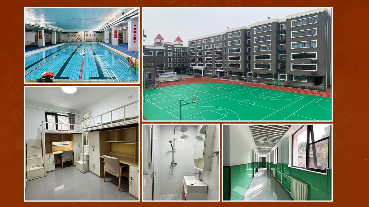 Beijing No. 39 High School facilities, including pool, sports court, and dormitories