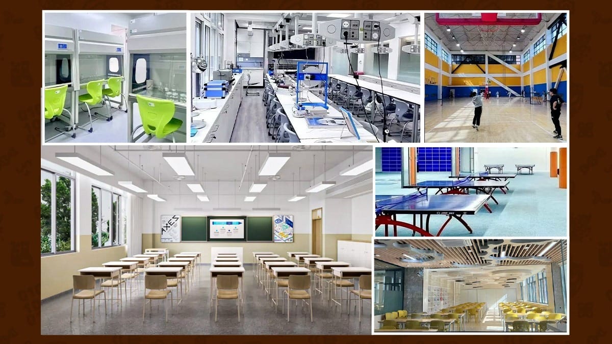 Shanghai Foreign Language School facilities, including classrooms, labs, and sports areas