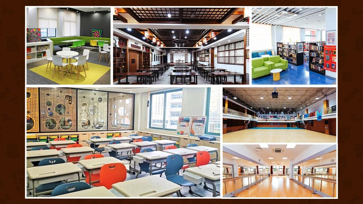 Shanghai Jincai High School International Division facilities: classrooms, library, gym