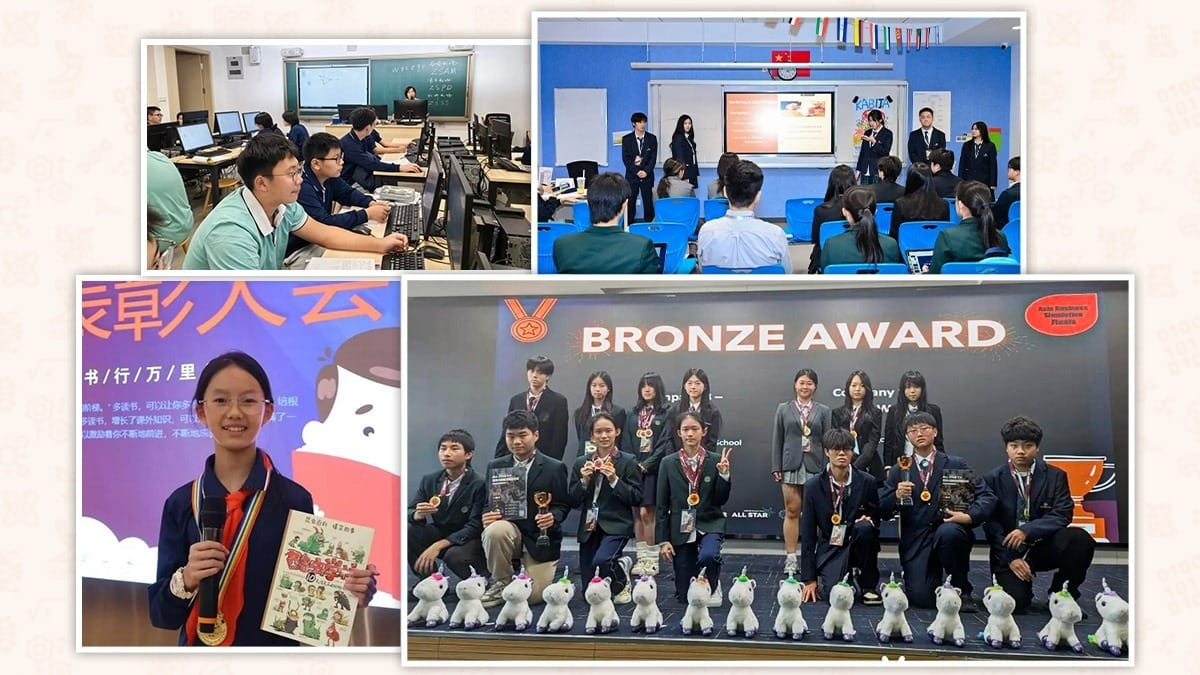 Xiamen Yingcai School students in classrooms, presentations, and award ceremonies
