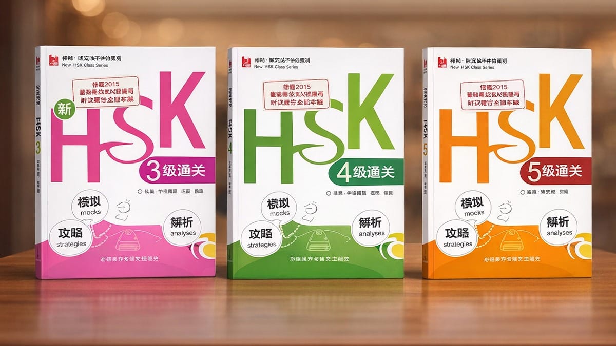 New HSK 3.0 2026 study guide books for levels 3, 4, and 5 with practice tests