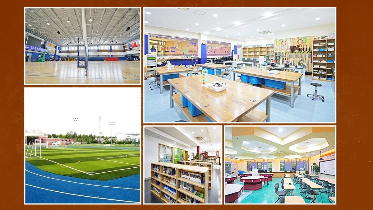 Shanghai United International School campus facilities: gym, lab, sports field, and library
