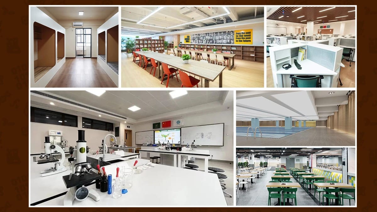 Chongqing BI Academy facilities: library, science lab, swimming pool, and cafeteria