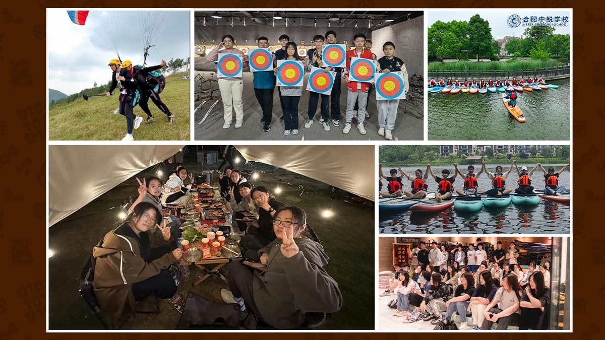 Walton-Hefei School outdoor activities including archery, kayaking, and camping