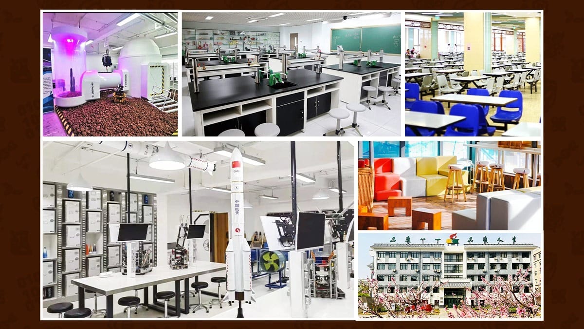 Beijing BAYI School campus facilities including labs, STEM center, and classrooms