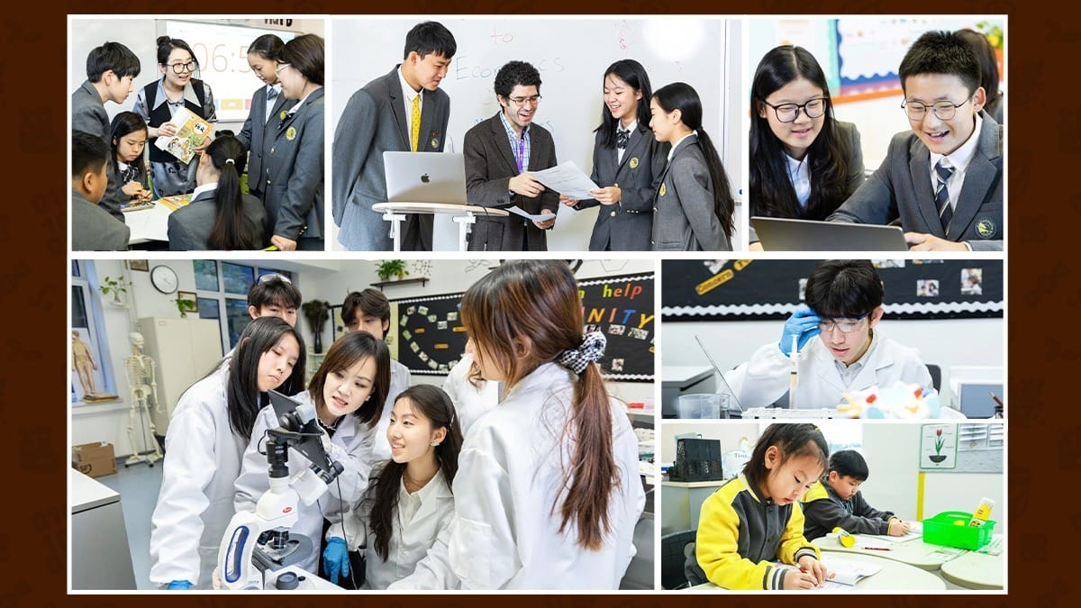 Beijing Chaoyang Kaiwen Academy students in labs, group discussions, and classes