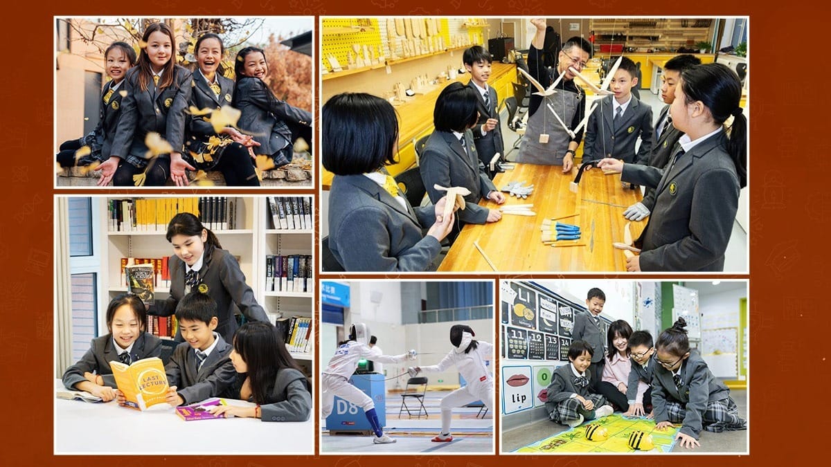 Beijing Haidian Kaiwen Academy students reading, building models, fencing, and learning