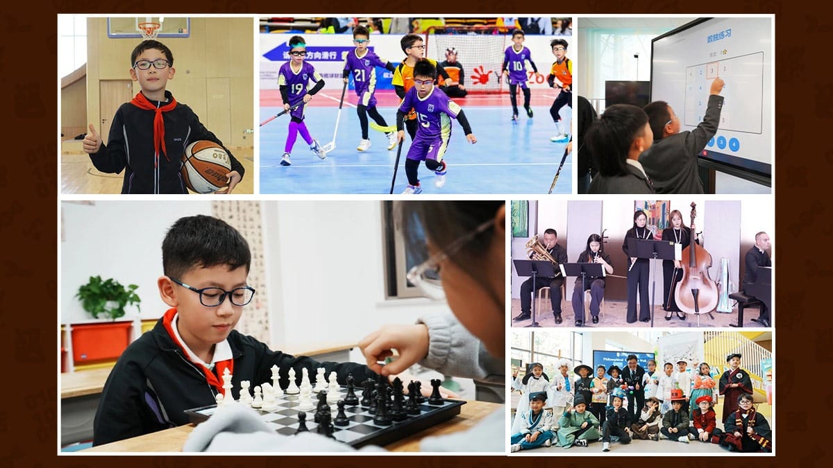 Shanghai Sunward Bilingual School kids enjoying sports, chess, music, and tech classes