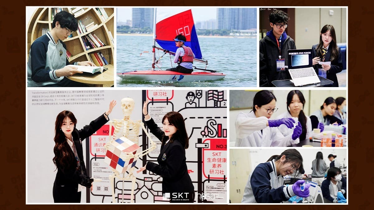 Tianjin Farragut School students in sailing, lab work, and academic activities