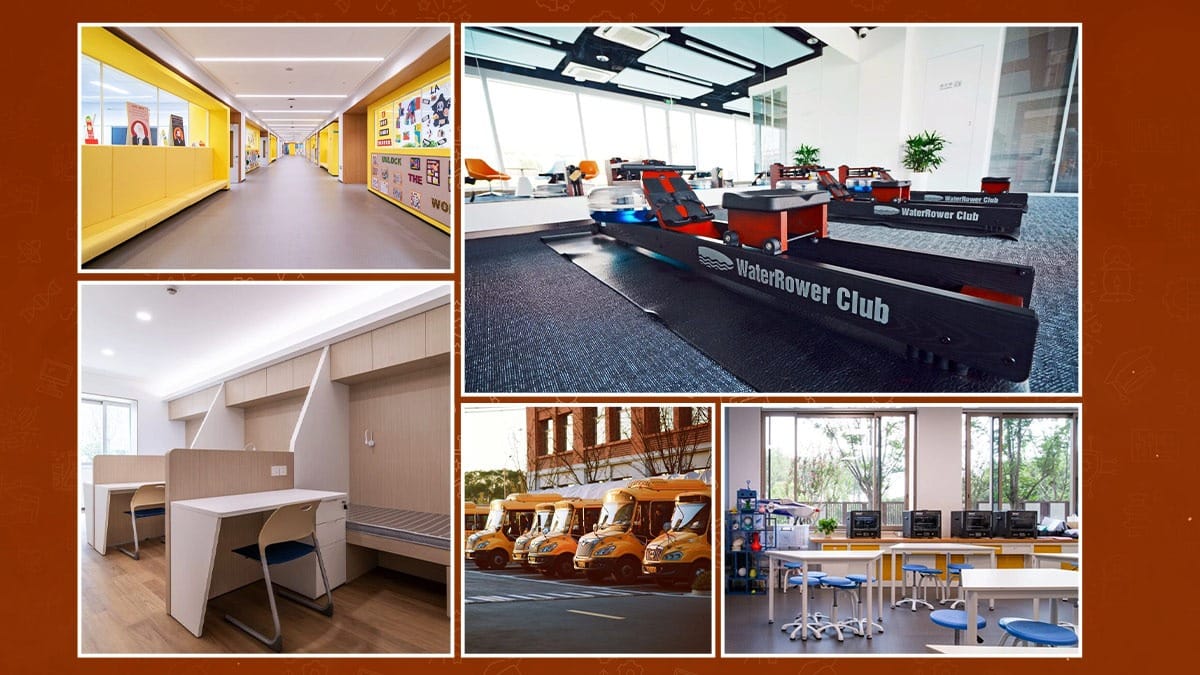 Shanghai Sunward Bilingual School facilities: gym, dorms, lab, buses, and hallways