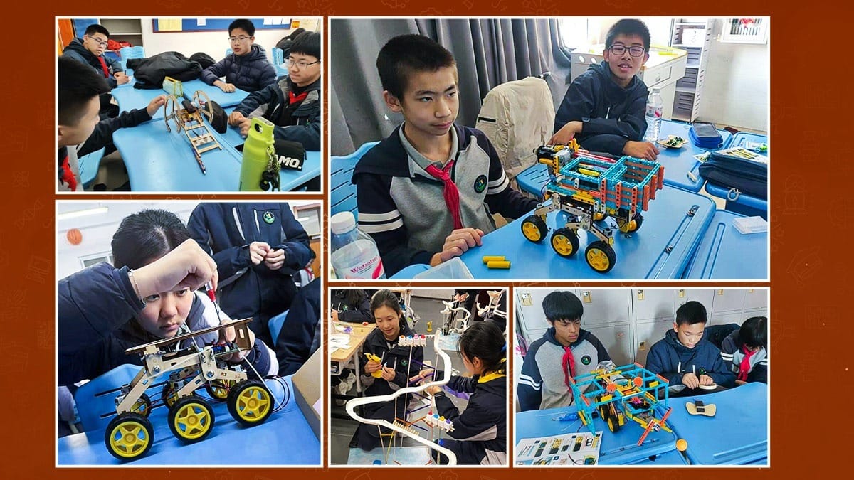Beijing No. 80 High School students assembling robots and wheeled vehicles in hands-on STEM lab