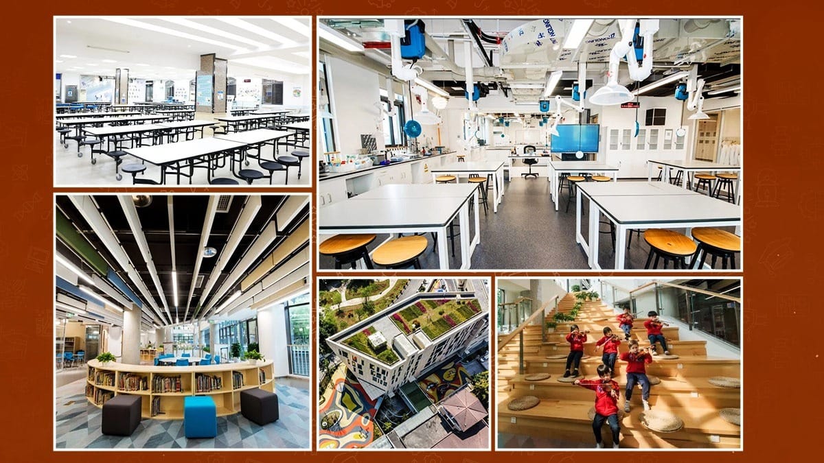 Yew Wah International Education School campus facilities including lab, library, and rooftop