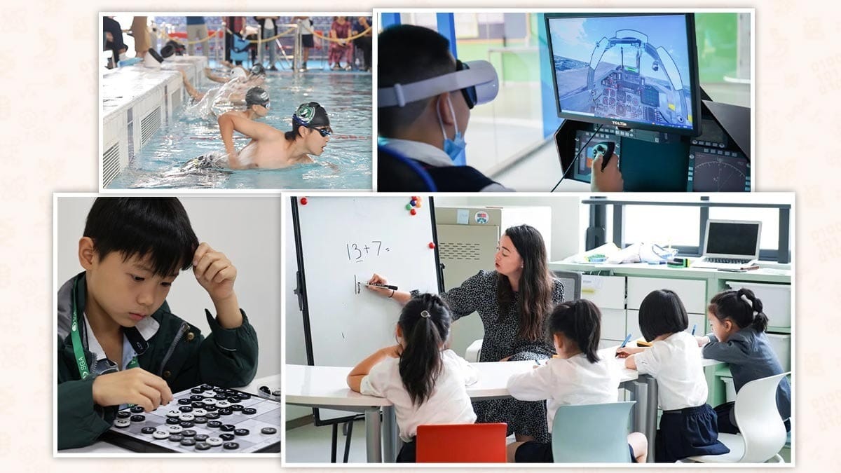 Shenzhen Foreign Languages GBA Academy students in swimming, VR, and math activities