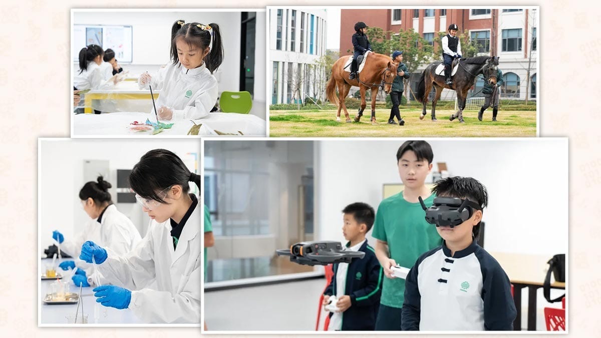Dingwen Academy Hangzhou students in art, science, equestrian, and VR classes