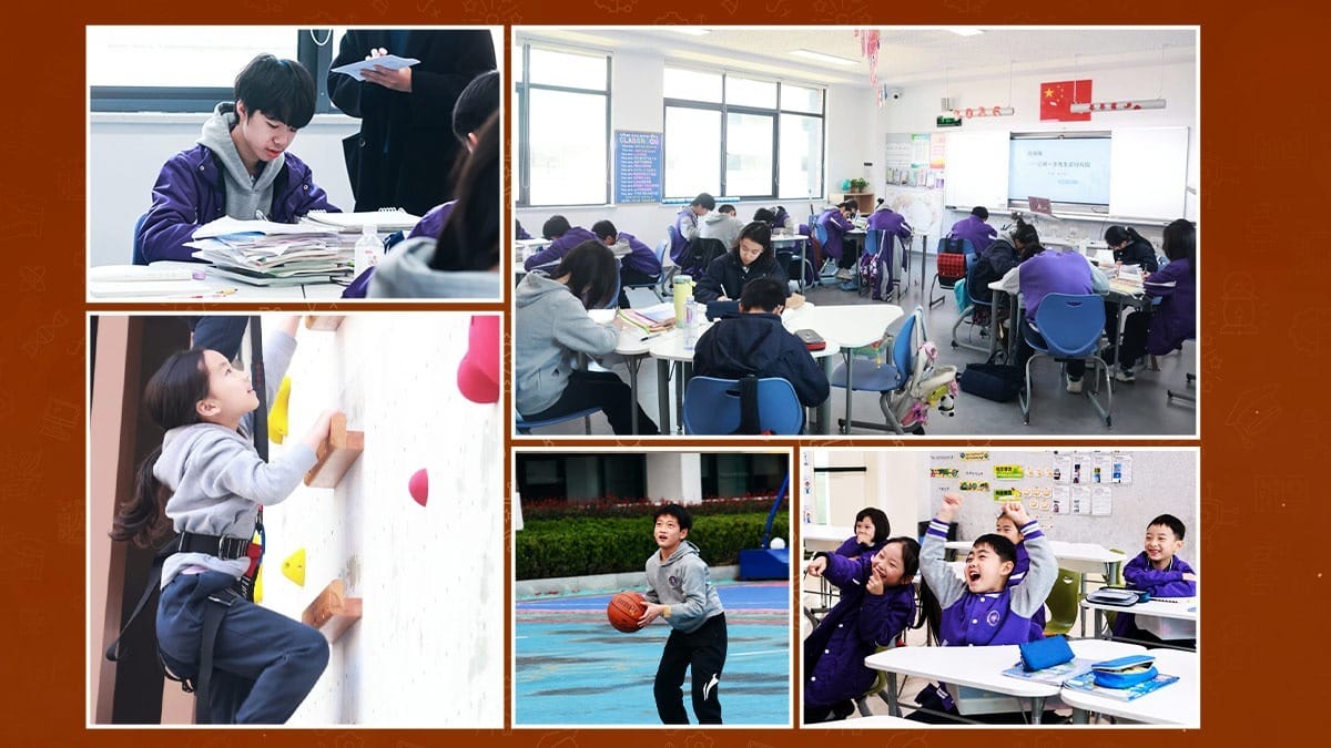 Cogdel Cranleigh School Changsha students in class, rock climbing, and playing basketball