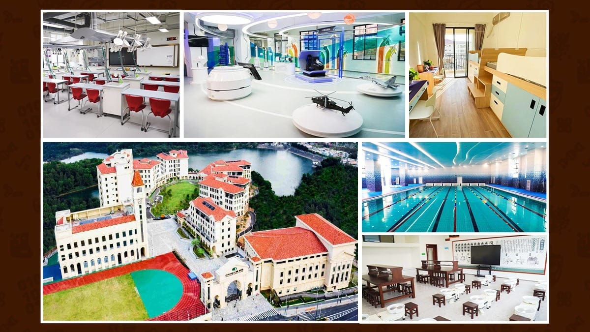 Shenzhen Foreign Languages GBA Academy campus with labs, pool, dormitory, and aerial view