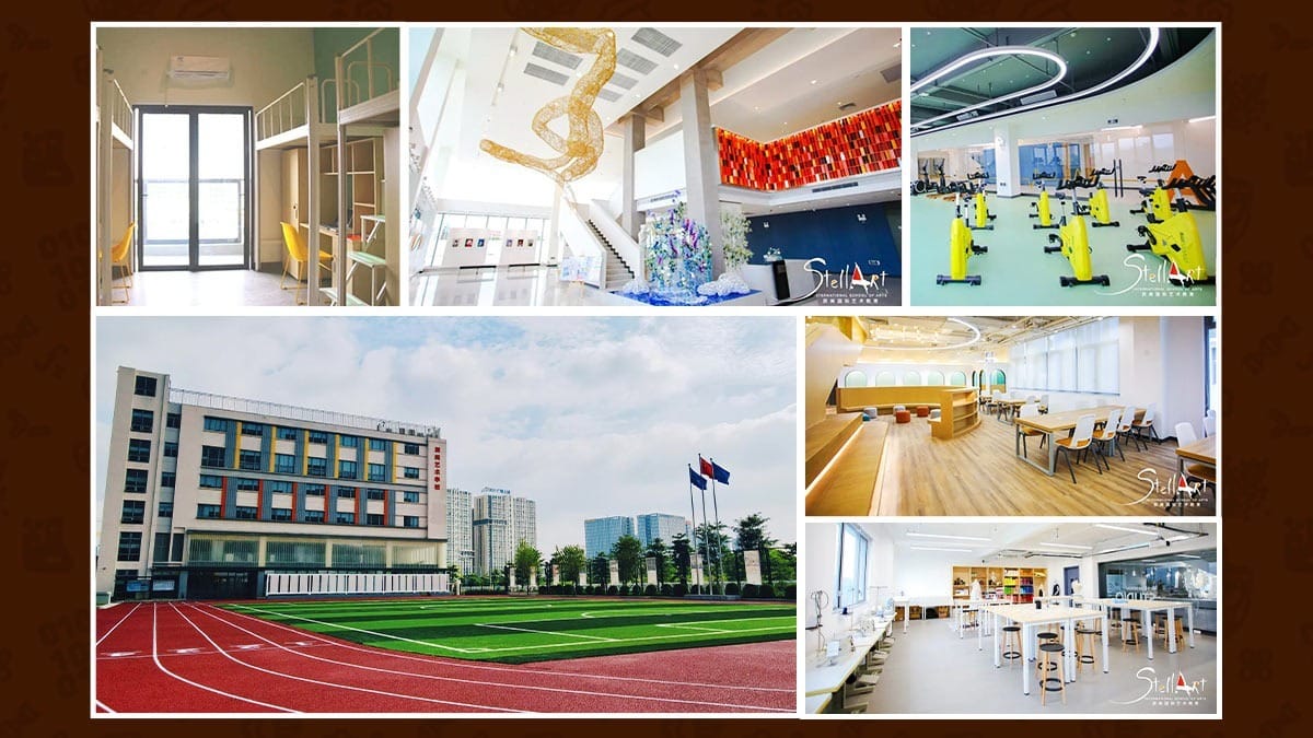 Stellart International School of Arts campus with track, gym, atrium, and study spaces