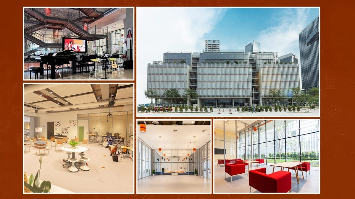Huitong School & Studios campus building, music room, classrooms, and lounge spaces