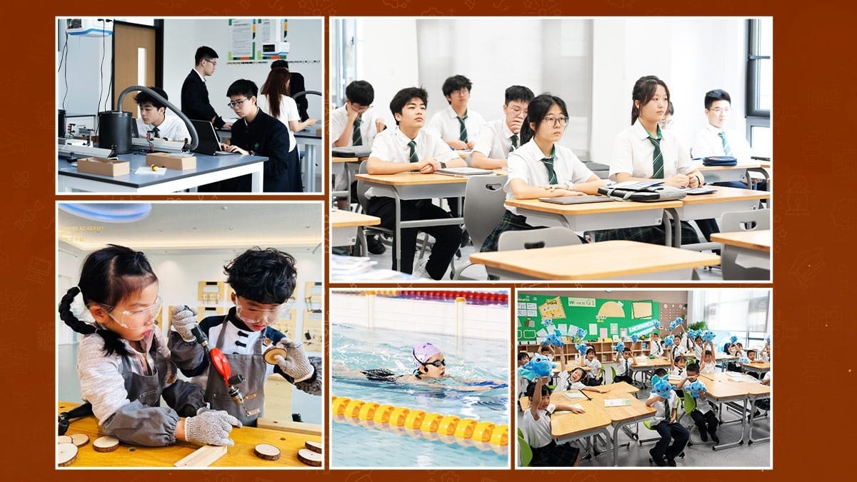 Dingwen Academy Hangzhou students in tech lab, classroom, woodworking, and swim