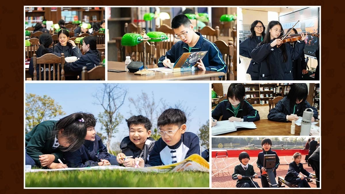 Dingwen Academy Hangzhou students reading, playing violin, and learning outdoors
