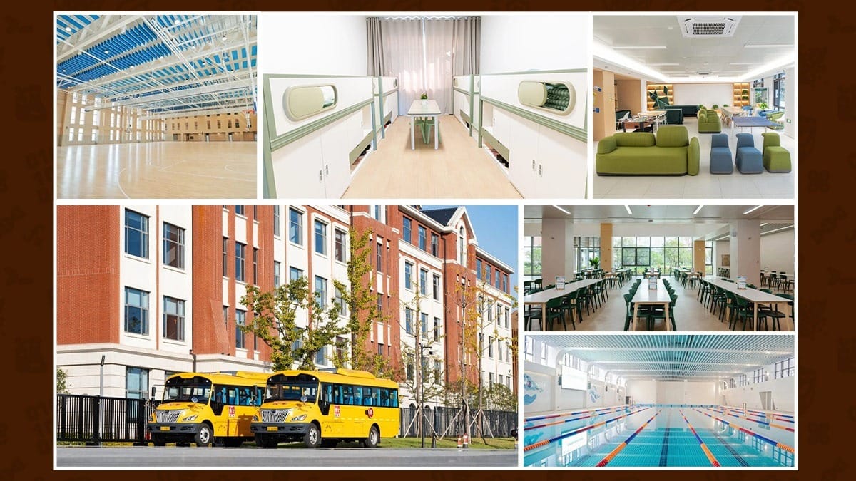 Dingwen Academy Hangzhou campus with gym, pool, dining hall, and school buses