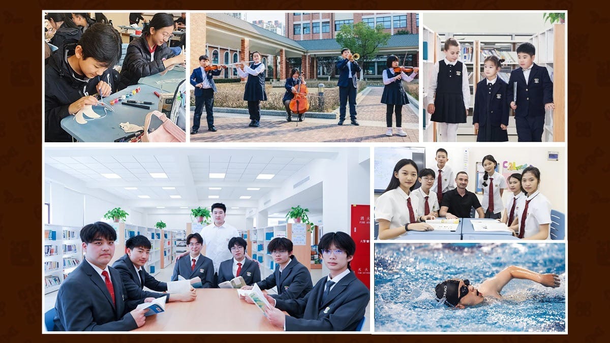 Kang Chiao International School Hefei Campus students in arts music library and swimming