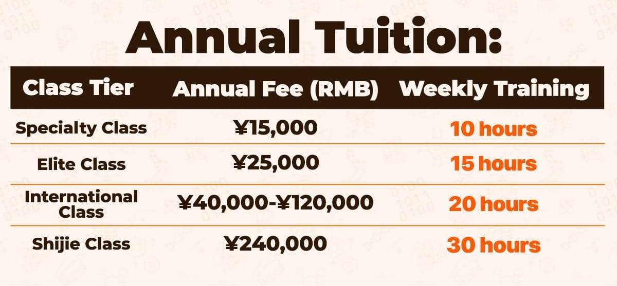 Hubei Provincial Tennis School annual tuition fees by class tier in RMB