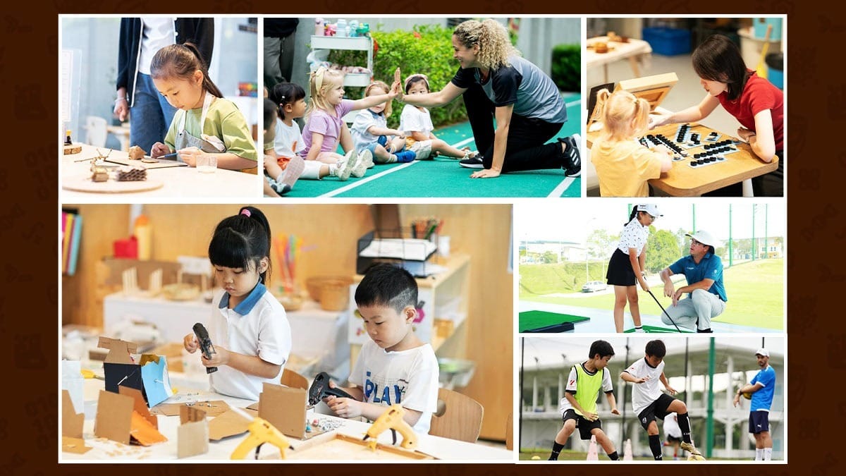 Huitong School & Studios kids in art, crafts, golf, football, and outdoor activities