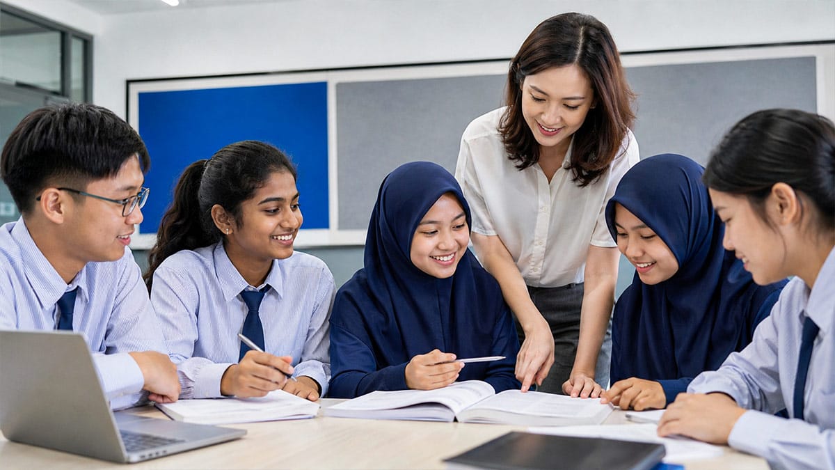 Chinese National Curriculum Schools teacher guiding diverse students studying together in class