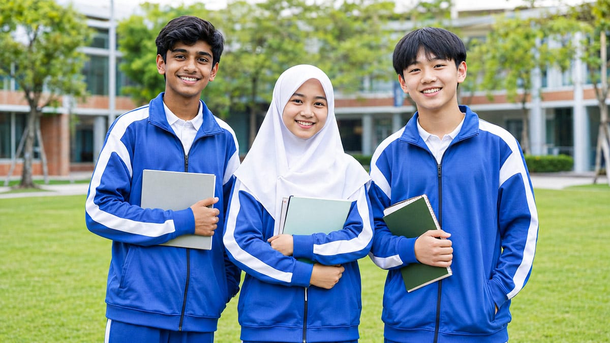 Chinese National Curriculum Schools diverse students in uniform smiling on campus grounds