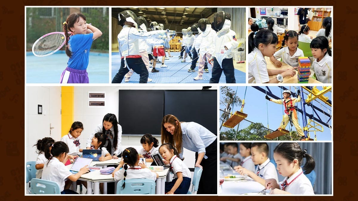 Guangdong Country Garden School students in sports, fencing, tech, and outdoor activities