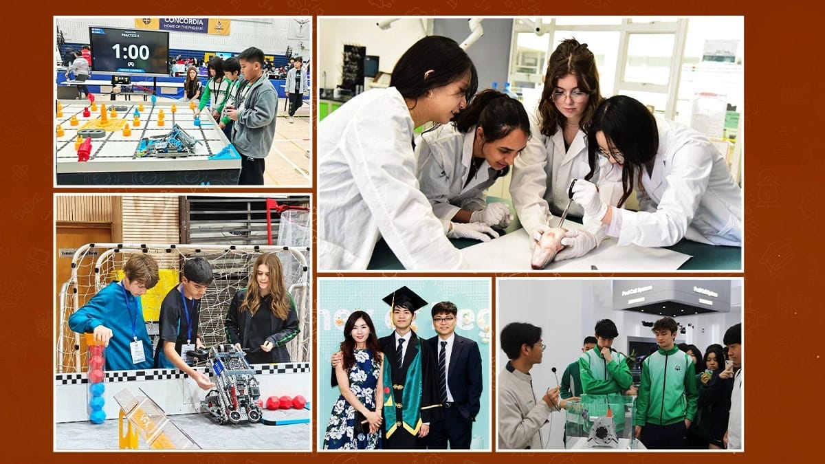 Utahloy International School Guangzhou students in robotics, science lab, graduation, and tech expo