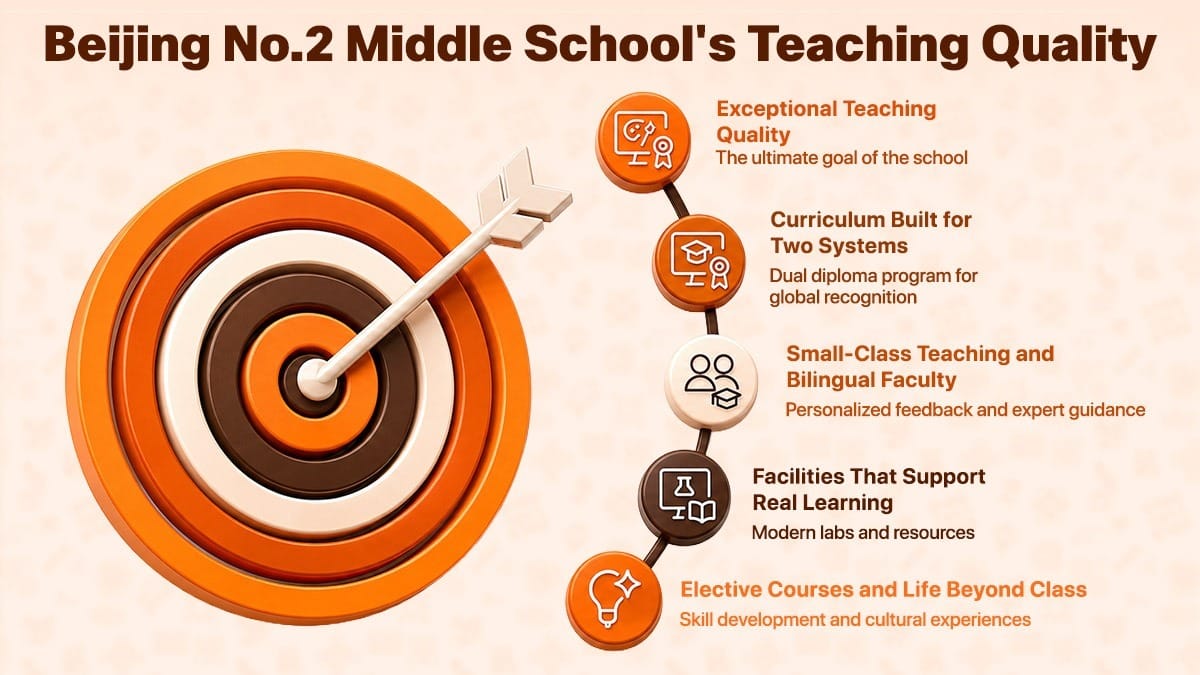 Beijing No.2 Middle School teaching quality infographic highlighting curriculum and bilingual faculty