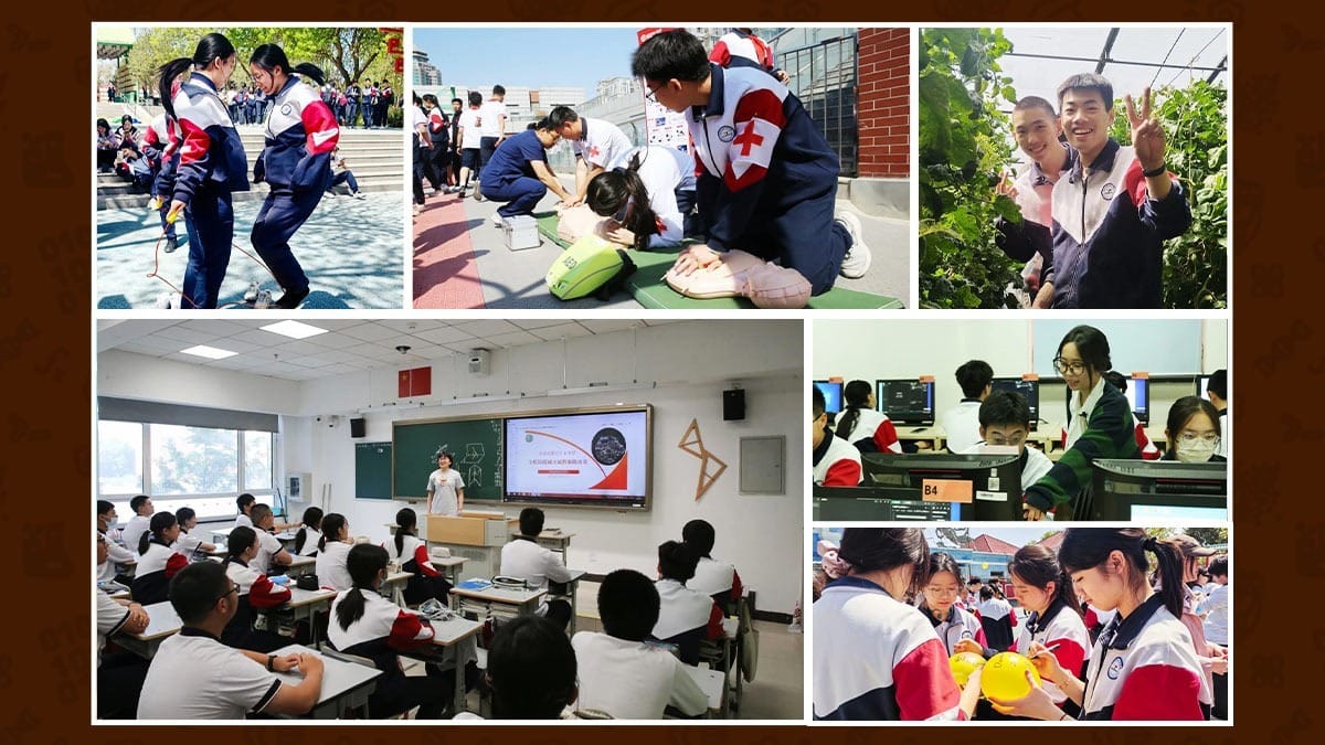 Beijing No.55 High School students in classes, CPR training, and outdoor activities