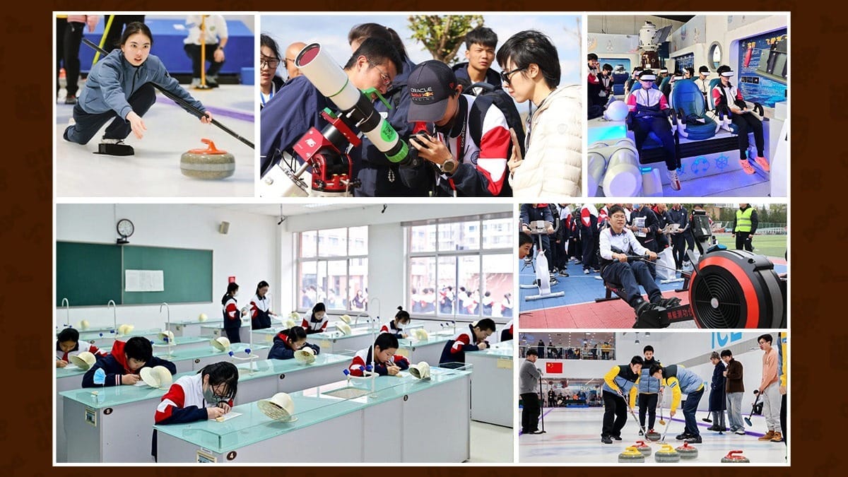 Beijing No.55 High School students in curling, science lab, astronomy, and VR activities