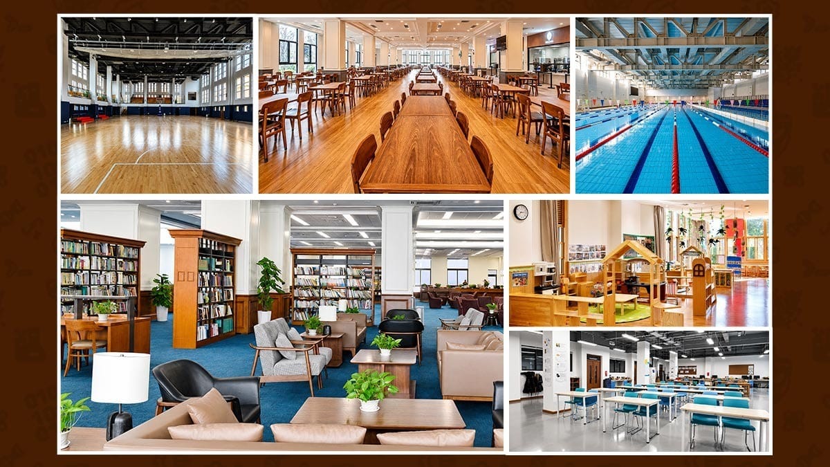 Sedbergh School Fuzhou facilities: gym, dining hall, pool, library, and classrooms