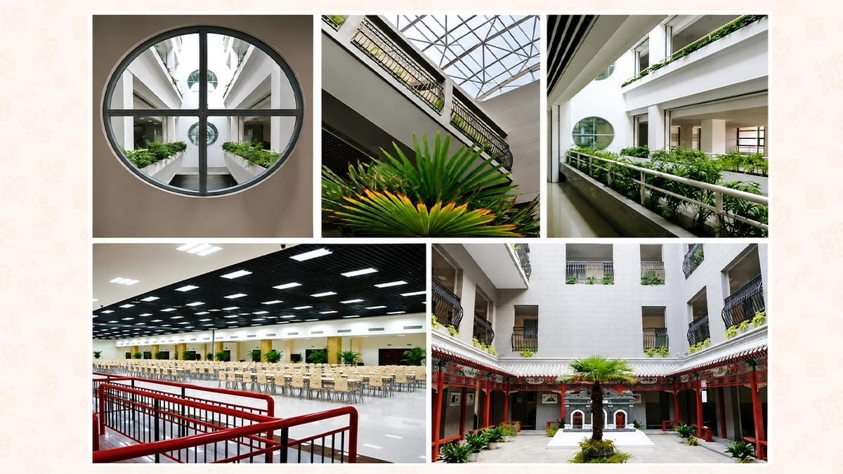 Beijing No.2 Middle School campus facilities with modern halls, green corridors, and courtyard