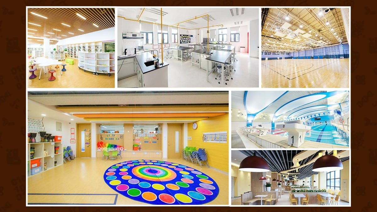 Dehong International Chinese Schools facilities with library, lab, gym, pool, and dining