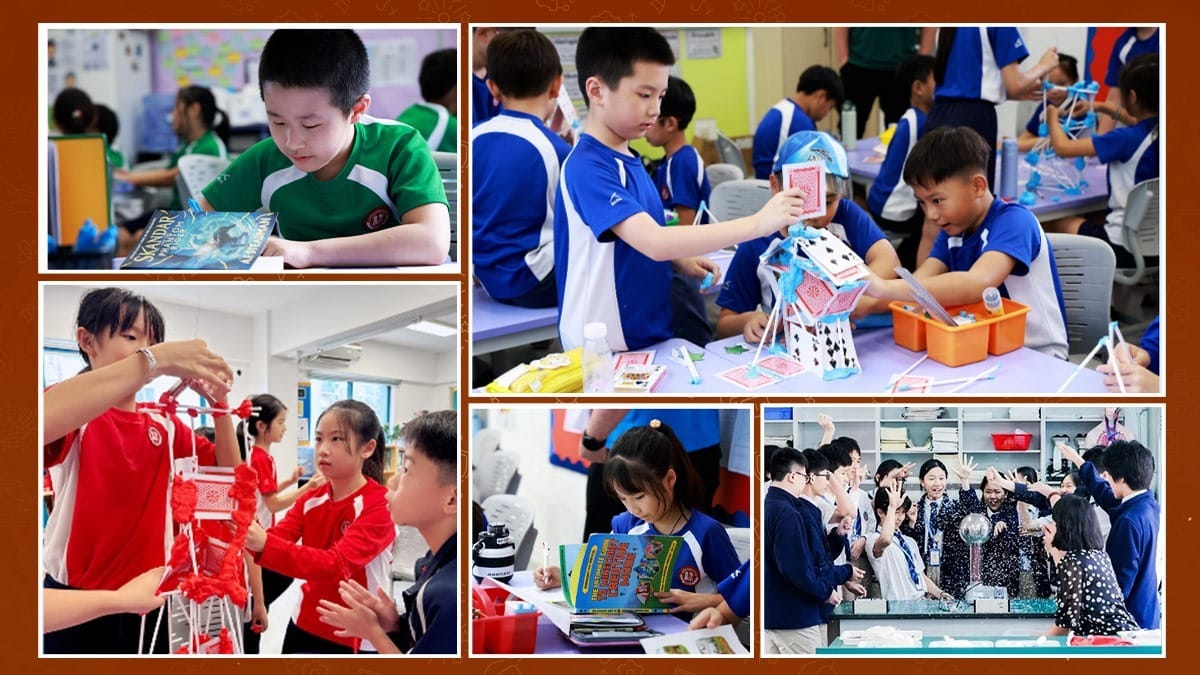 Green Oasis School students doing hands-on STEM projects, reading, and science experiments