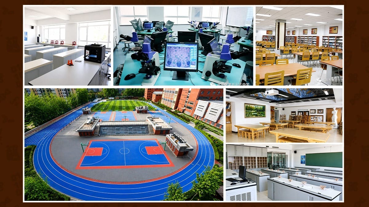 Beijing No.55 High School campus with labs, library, art room, and sports track