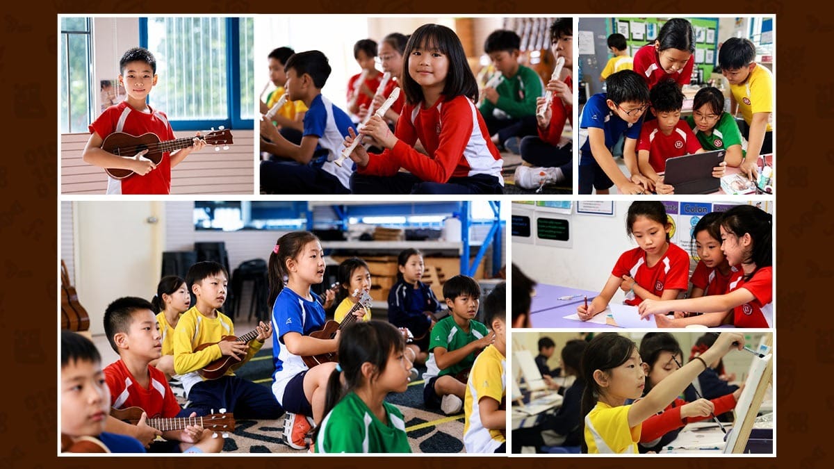 Green Oasis School students playing ukulele, recorder, and exploring arts in class