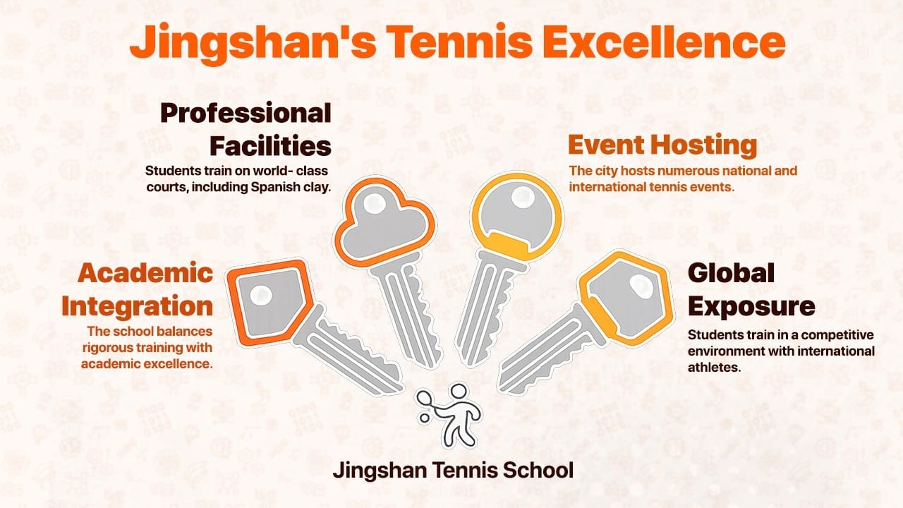 Tennis School in China: Jingshan's 4 excellence keys — facilities, events, academics, exposure.