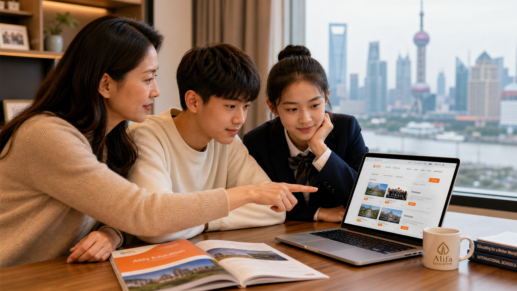 Alifa Education Services advisor helping students explore K-12 schools on laptop