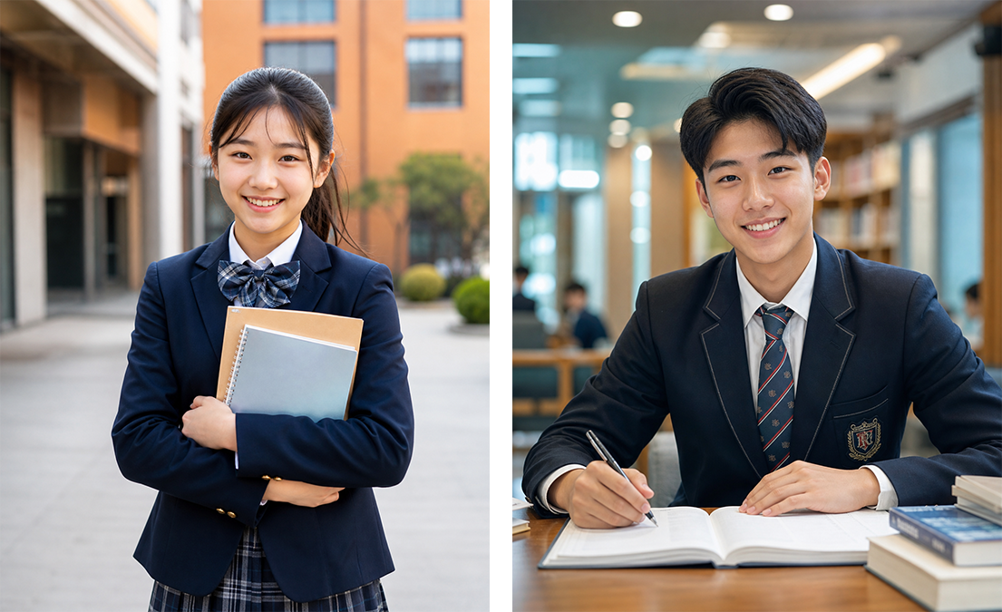 Two students in school uniforms: a girl holding notebooks outdoors, a boy studying in a library.