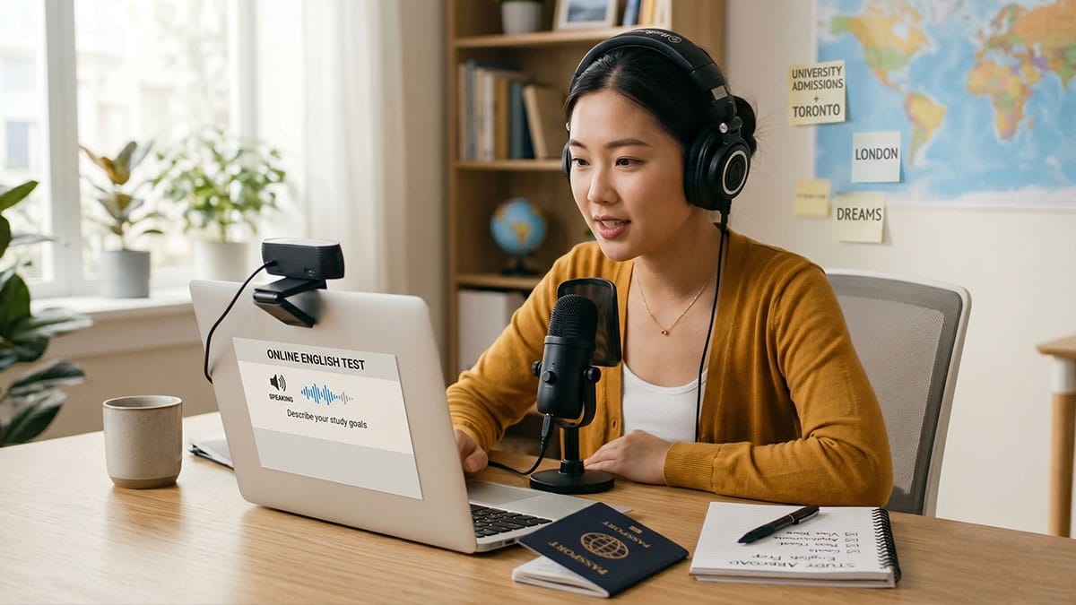 Duolingo English Test vs PTE Academic: student speaking into mic during online test